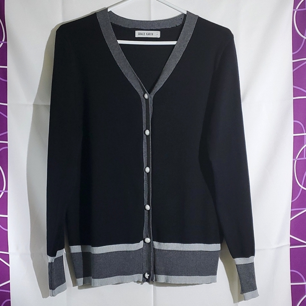 Grace Karin Black and Grey V-Neck Button Up Cardigan - Size Large